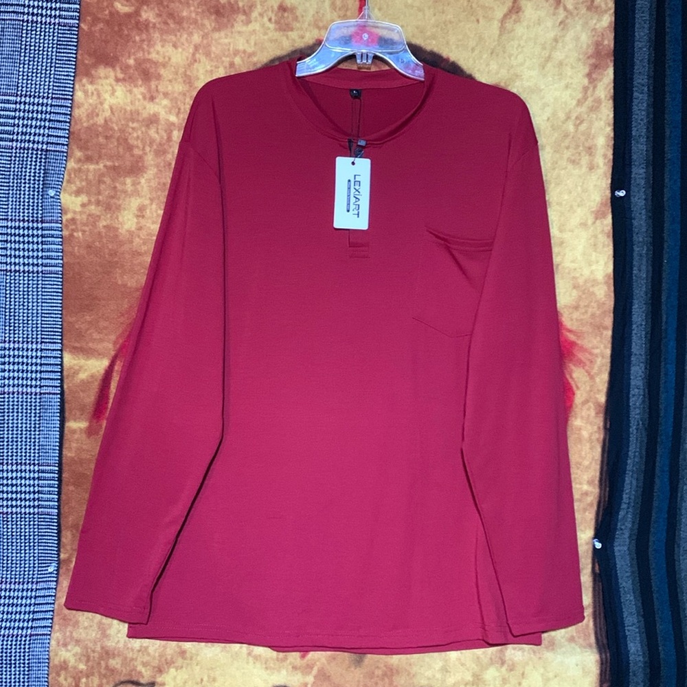 LEXIART-men’s burgundy cotton blend long sleeve 1/4-button stretch henley shirt